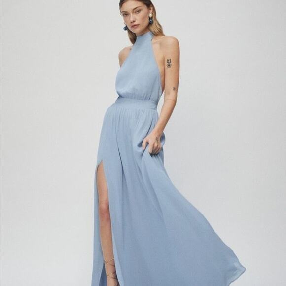 Reformation Andee Halter Maxi Dress Size 12 Mineral Blue Side Slit Romantic - Picture 15 of 15